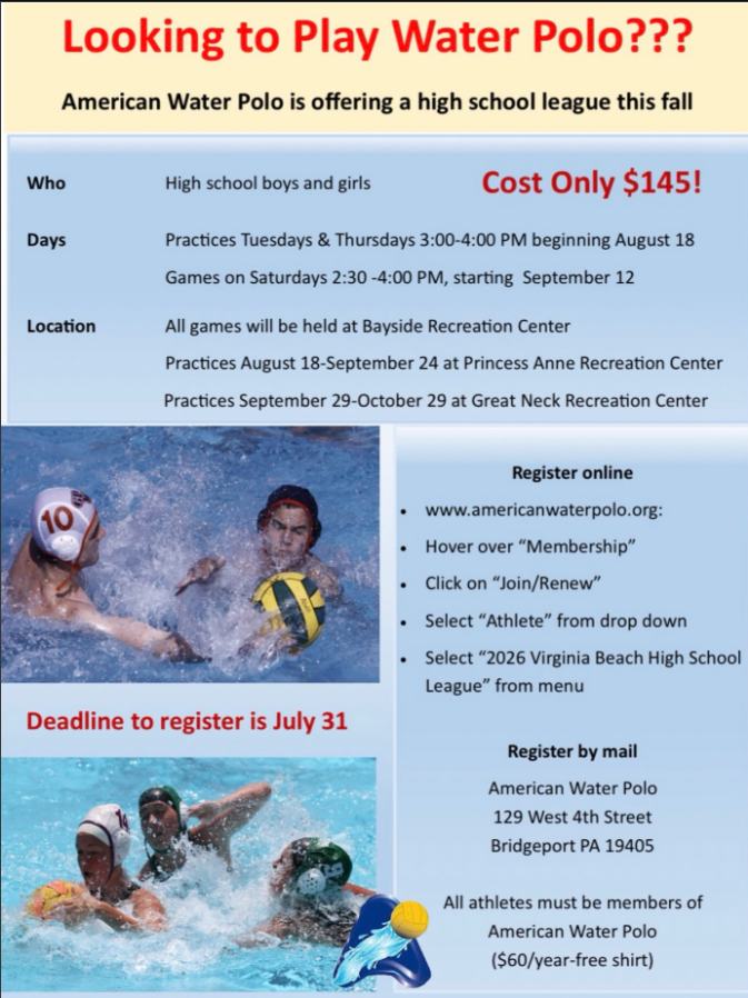 American Water Polo high school league flyer with schedule, cost, and registration details